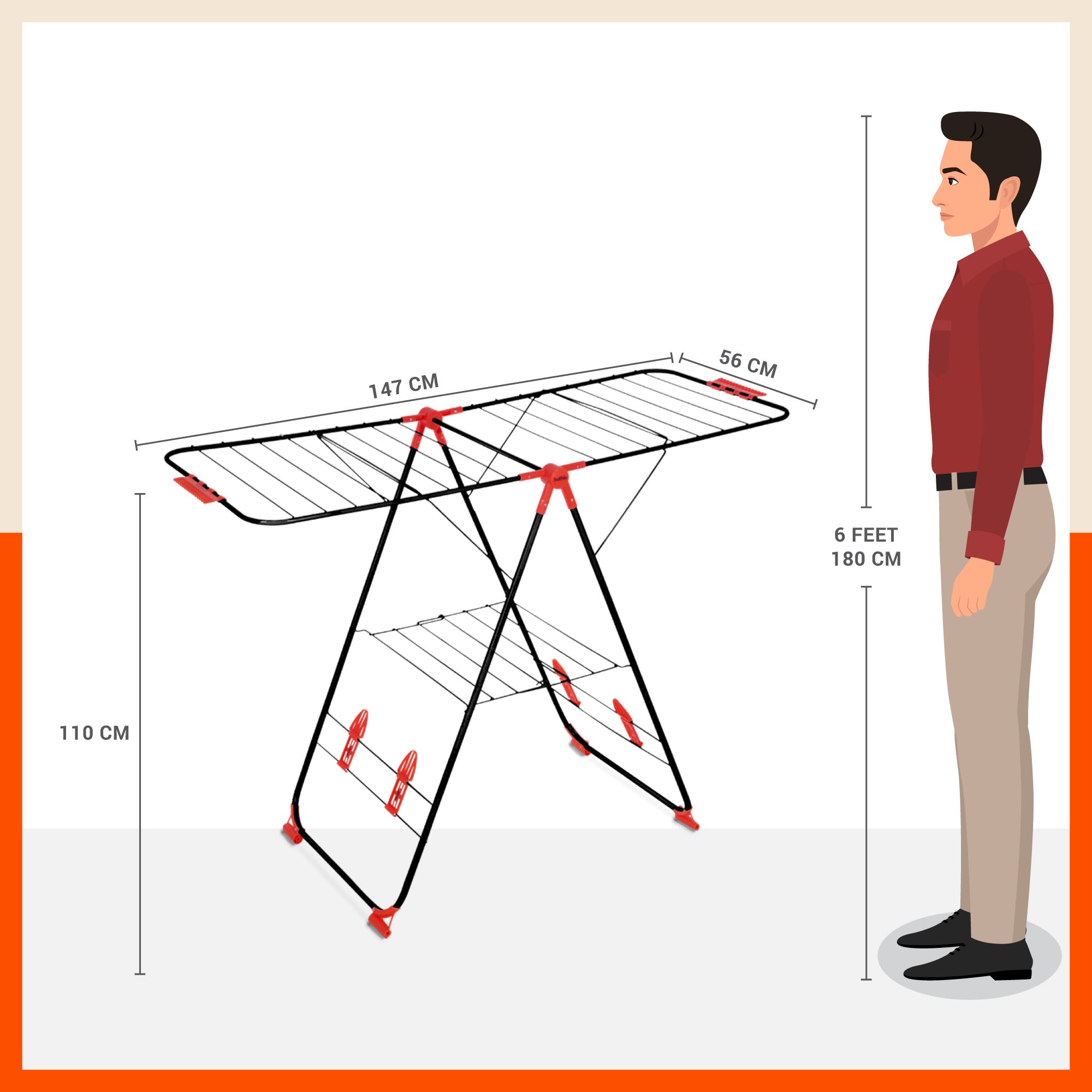 Bathla Mobidry Titan - Foldable Cloth Drying Stand For Home (Black + Red)