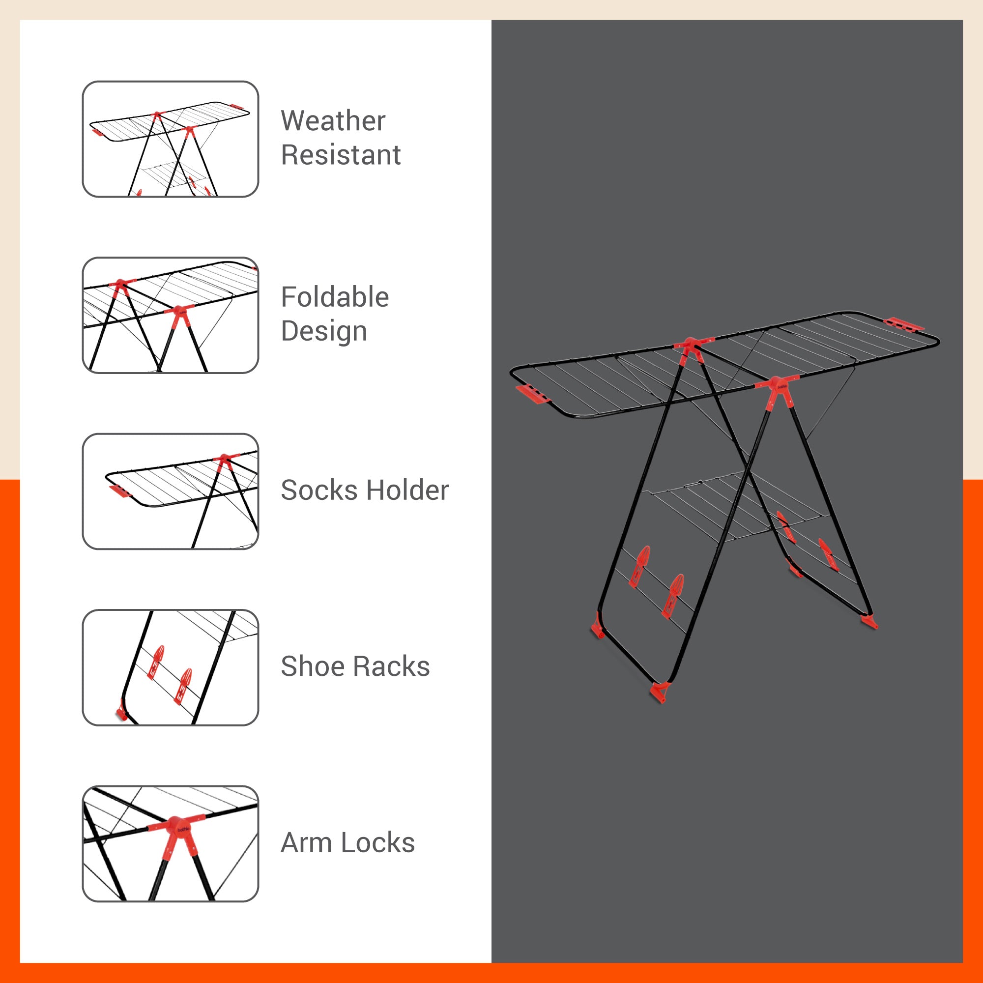 Bathla Mobidry Titan - Foldable Cloth Drying Stand For Home (Black + Red)