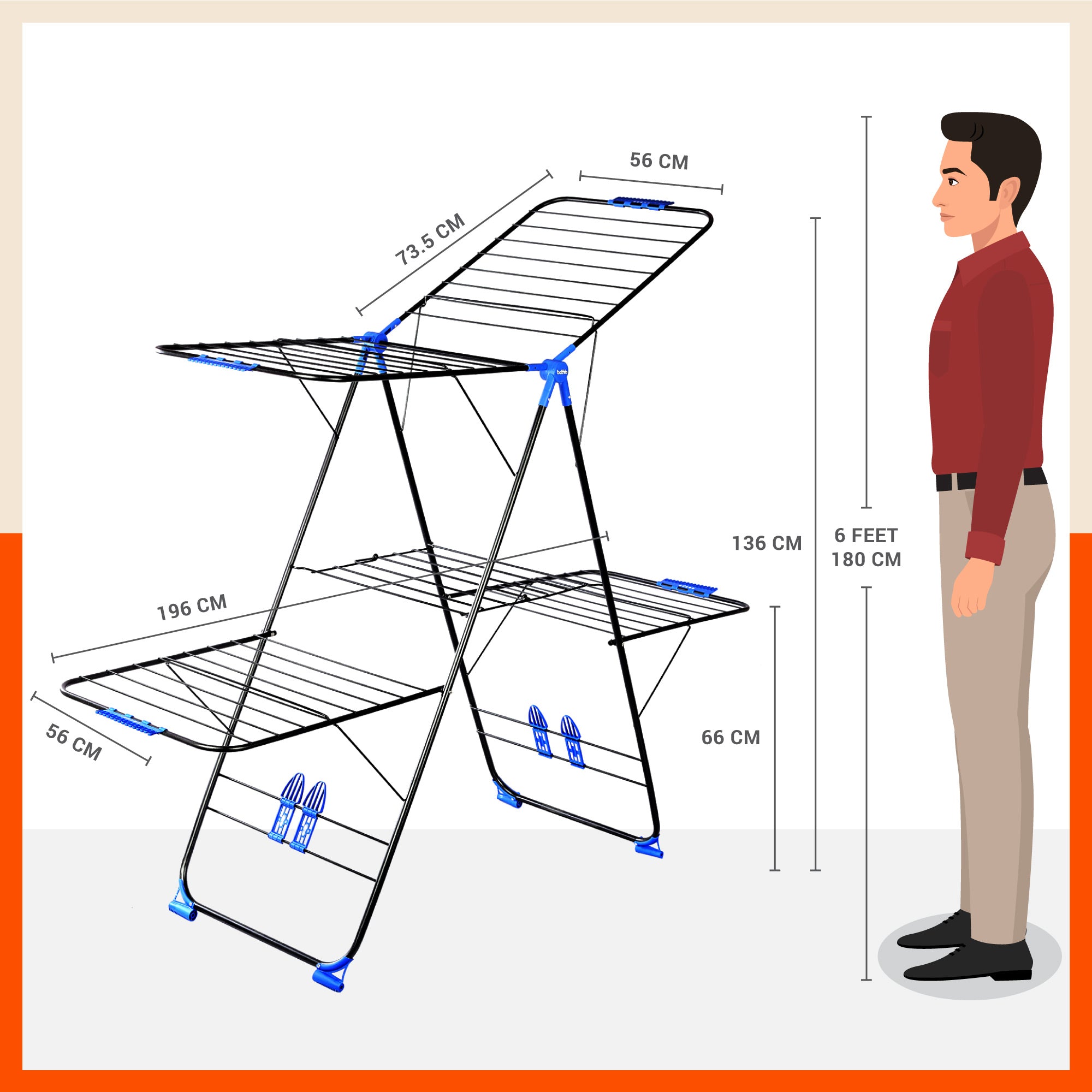 Bathla Mobidry Neo+ 2-Level Foldable Cloth Drying Stand for Home (Black & Blue - XL)