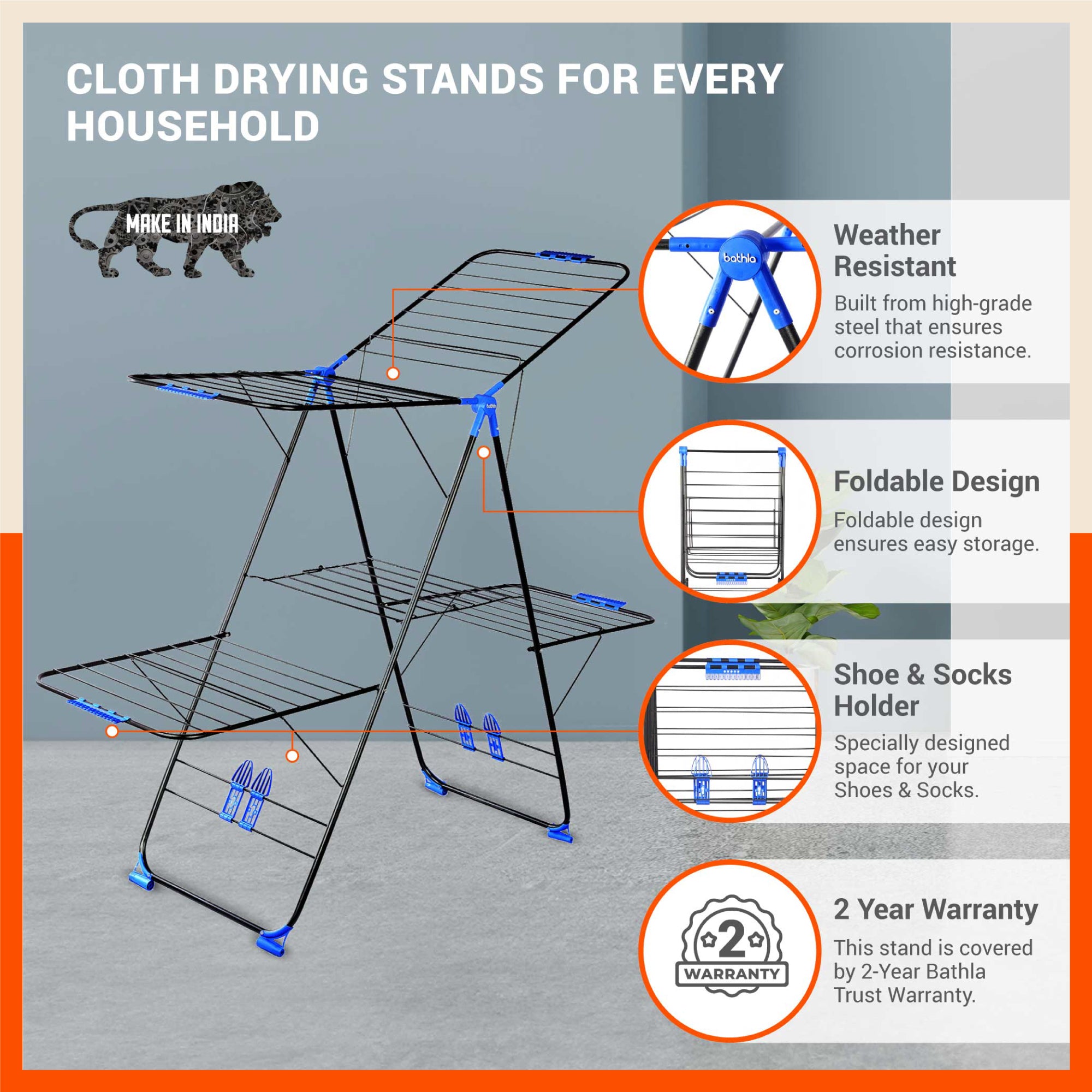 Bathla Mobidry Neo+ 2-Level Foldable Cloth Drying Stand for Home (Black & Blue - XL)