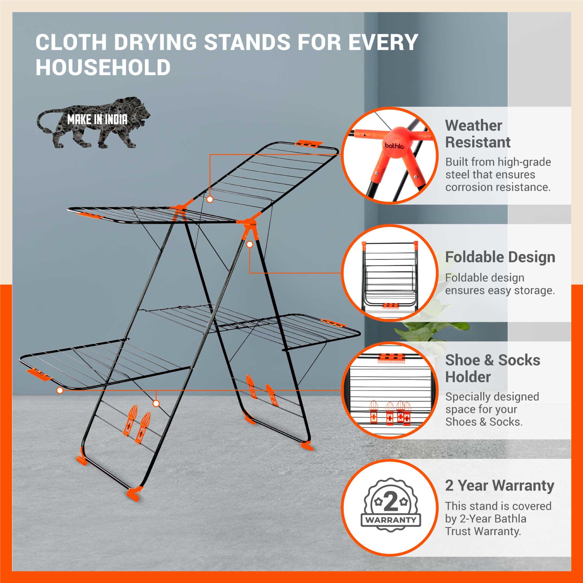 Bathla Mobidry Neo+ 2 Level Foldable Cloth Drying Stand for Home(Black & Orange -XL)