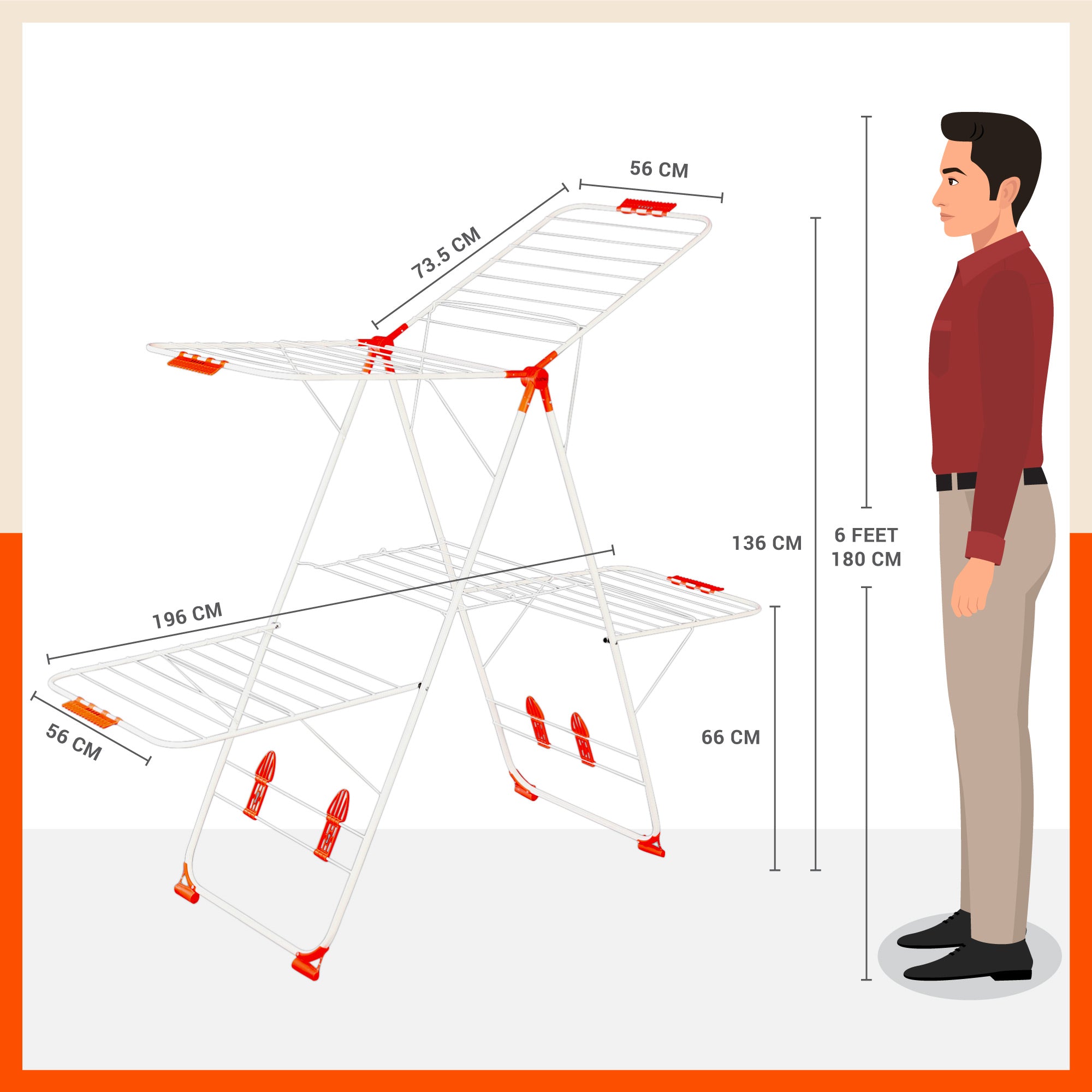 Bathla Mobidry Neo+ 2-Level Foldable Cloth Drying Stand for Home (White & Orange - XL)