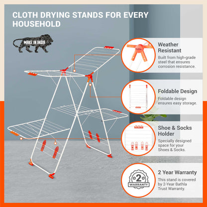 Bathla Mobidry Neo+ 2-Level Foldable Cloth Drying Stand for Home (White & Orange - XL)