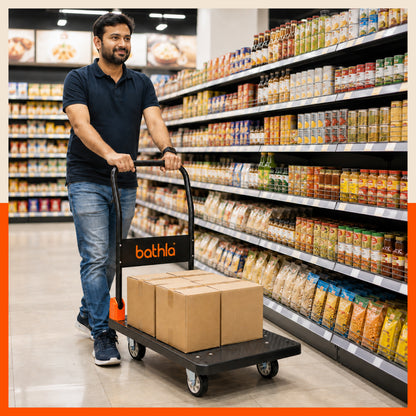 Bathla 200 Kg Capacity PVC Foldable Platform Trolley for Heavy Weight/Material Handling Goods Trolley with 360* Rotating TPR Wheels for Home, Office, Warehouse & Industries - (4 Wheel/Black)