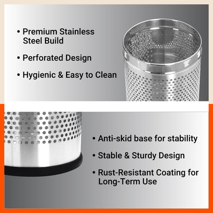 Bathla Stainless Steel Perforated Open Dustbin - 8 Litres | Mesh Trash Can for Home, Office & Commercial Use | Durable, Rust-Resistant & Ventilated Waste Bin