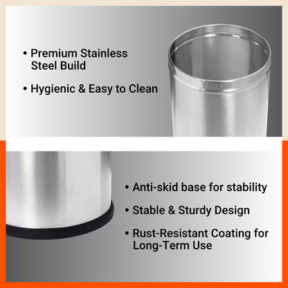 Bathla Stainless Steel Open Dustbin for Home, Office & Kitchen - 8 Litres | Open Top Garbage Bin for Dry Waste, Paper & Recycling | Durable, Rust-Resistant & Space-Saving Trash Can