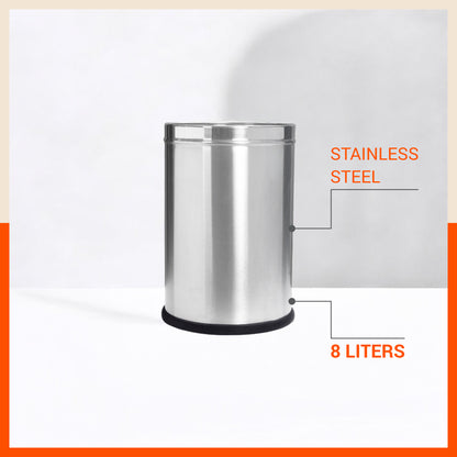 Bathla Stainless Steel Open Dustbin for Home, Office & Kitchen - 8 Litres | Open Top Garbage Bin for Dry Waste, Paper & Recycling | Durable, Rust-Resistant & Space-Saving Trash Can