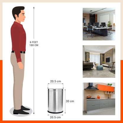 Bathla Stainless Steel Open Dustbin for Home, Office & Kitchen - 8 Litres | Open Top Garbage Bin for Dry Waste, Paper & Recycling | Durable, Rust-Resistant & Space-Saving Trash Can