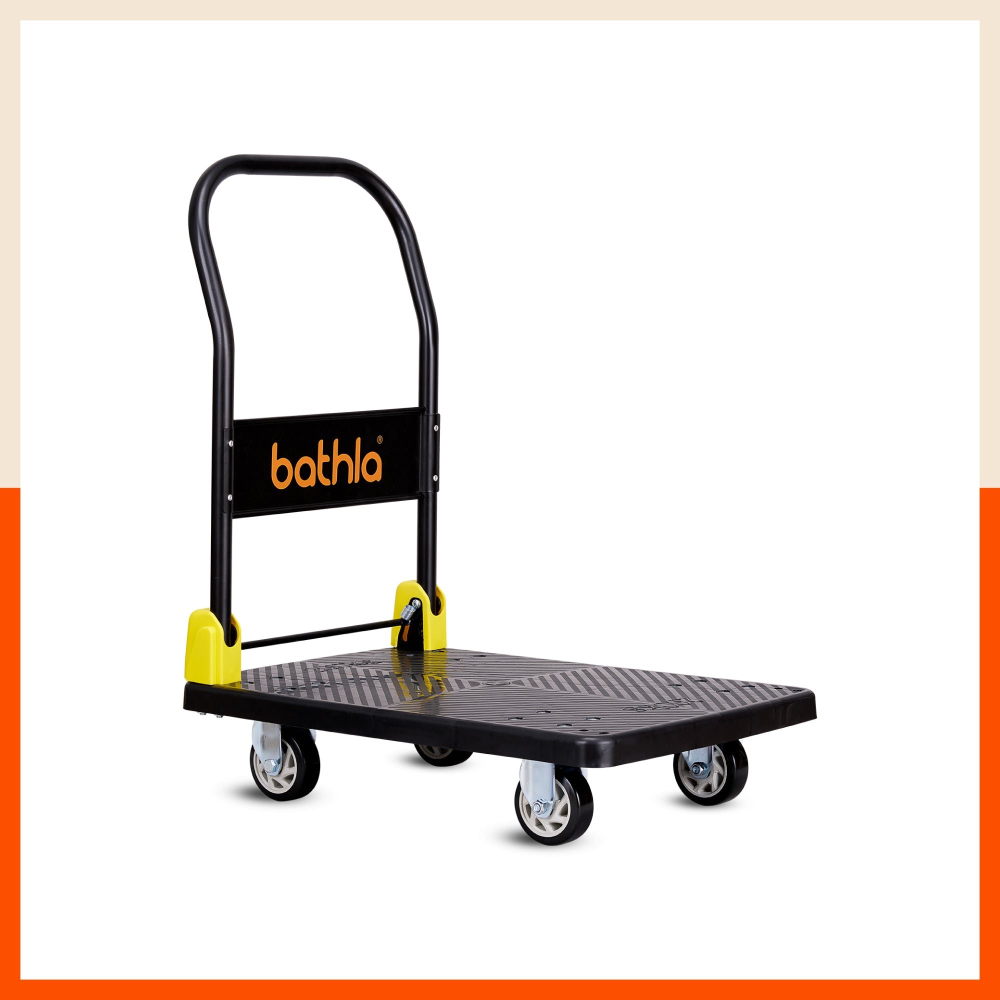 Bathla 200 Kg Capacity PVC Foldable Platform Trolley for Heavy Weight/Material Handling Goods Trolley with 360* Rotating TPR Wheels for Home, Office, Warehouse & Industries - (4 Wheel/Black)