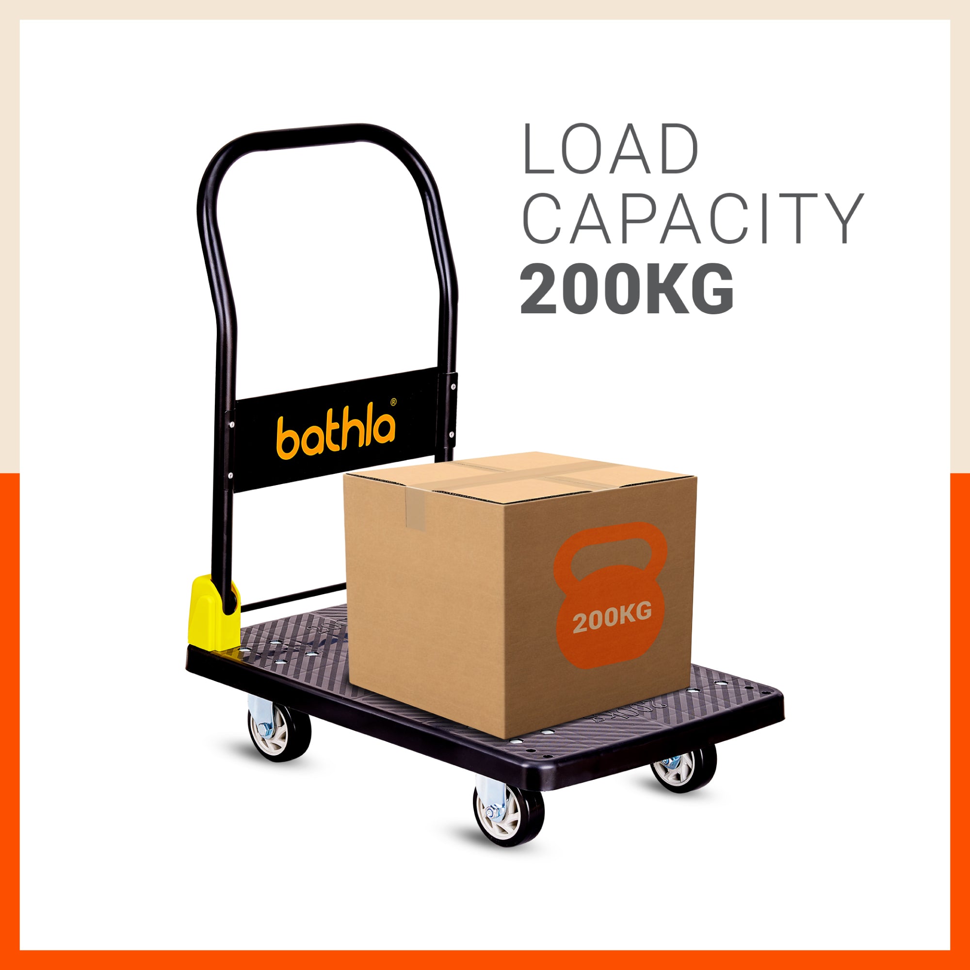 Bathla 200 Kg Capacity PVC Foldable Platform Trolley for Heavy Weight/Material Handling Goods Trolley with 360* Rotating TPR Wheels for Home, Office, Warehouse & Industries - (4 Wheel/Black)