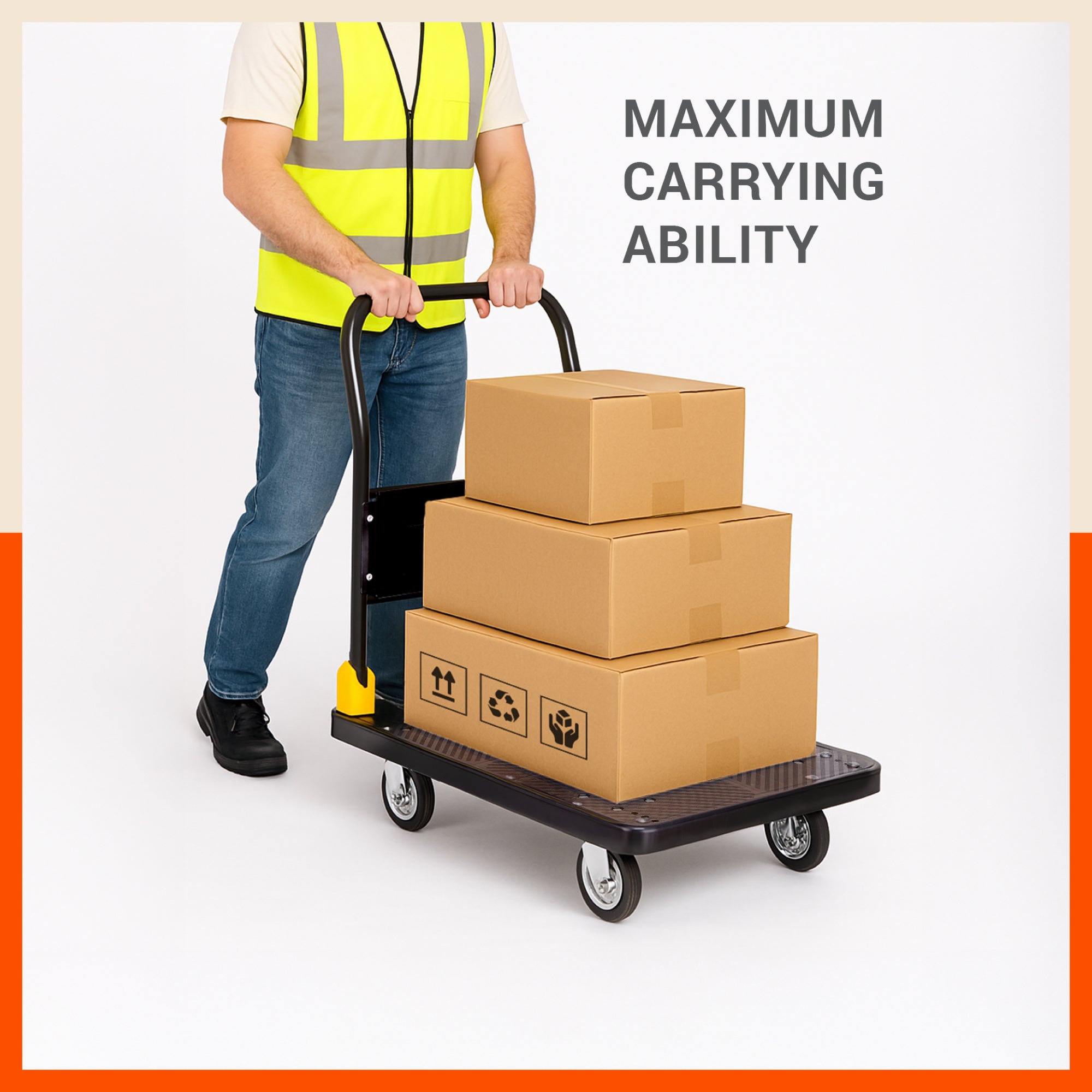 Bathla 200 Kg Capacity PVC Foldable Platform Trolley for Heavy Weight/Material Handling Goods Trolley with 360* Rotating TPR Wheels for Home, Office, Warehouse & Industries - (4 Wheel/Black)