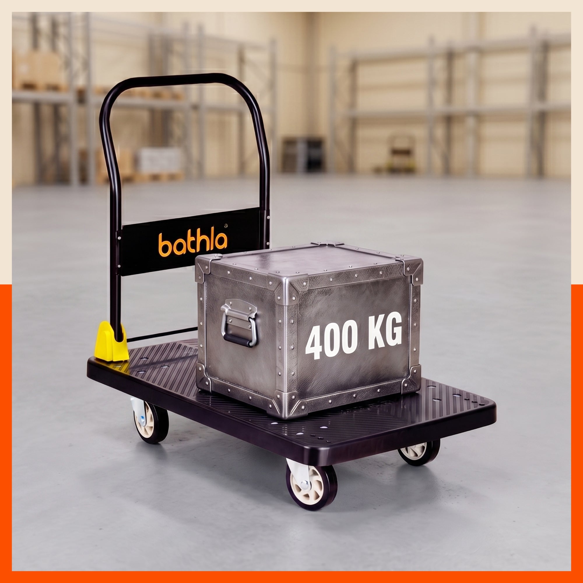 Bathla 400 Kg Capacity PVC Foldable Platform Trolley for Heavy Weight/Material Handling Goods Trolley with 360* Rotating TPR Wheels for Home, Office, Warehouse & Industries - (4 Wheel/Black)