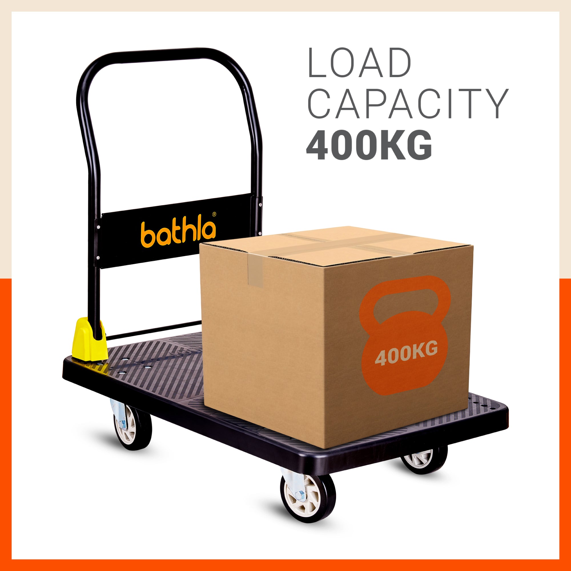 Bathla 400 Kg Capacity PVC Foldable Platform Trolley for Heavy Weight/Material Handling Goods Trolley with 360* Rotating TPR Wheels for Home, Office, Warehouse & Industries - (4 Wheel/Black)