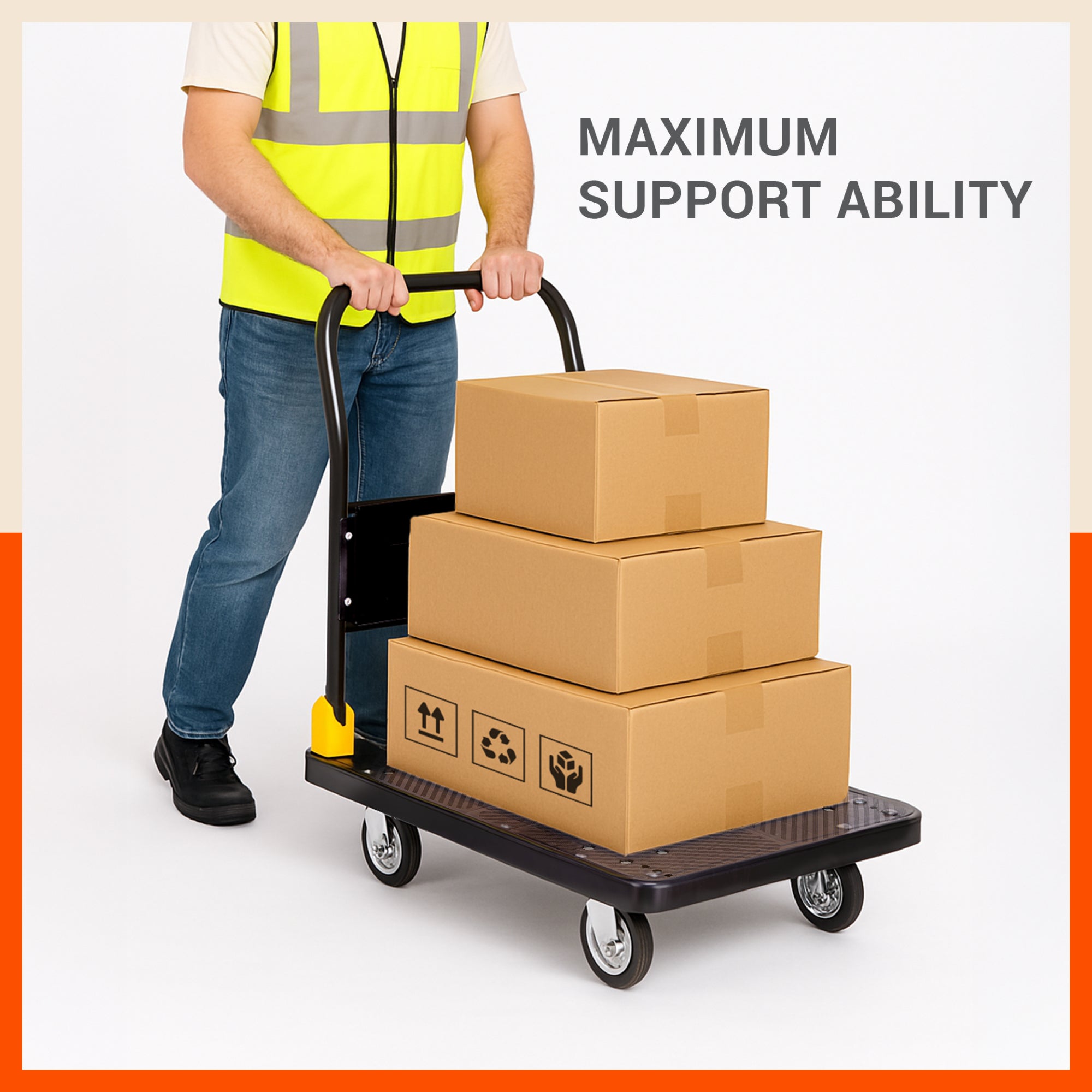 Bathla 400 Kg Capacity PVC Foldable Platform Trolley for Heavy Weight/Material Handling Goods Trolley with 360* Rotating TPR Wheels for Home, Office, Warehouse & Industries - (4 Wheel/Black)