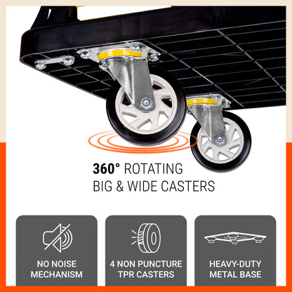 Bathla 600 Kg Capacity PVC Foldable Platform Trolley for Heavy Weight/Material Handling Goods Trolley with 360* Rotating TPR Wheels for Home, Office, Warehouse & Industries - (4 Wheel/Black)