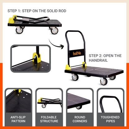Bathla 600 Kg Capacity PVC Foldable Platform Trolley for Heavy Weight/Material Handling Goods Trolley with 360* Rotating TPR Wheels for Home, Office, Warehouse & Industries - (4 Wheel/Black)