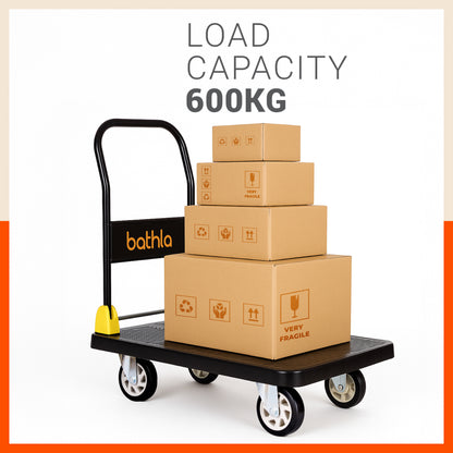 Bathla 600 Kg Capacity PVC Foldable Platform Trolley for Heavy Weight/Material Handling Goods Trolley with 360* Rotating TPR Wheels for Home, Office, Warehouse & Industries - (4 Wheel/Black)