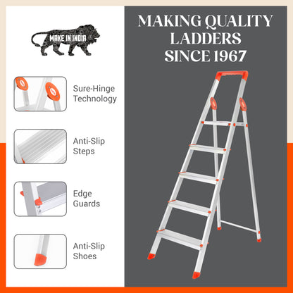 Bathla Prime 5-Step Foldable Aluminium Ladder for Home with Multi-Utility Support Handle (Orange)