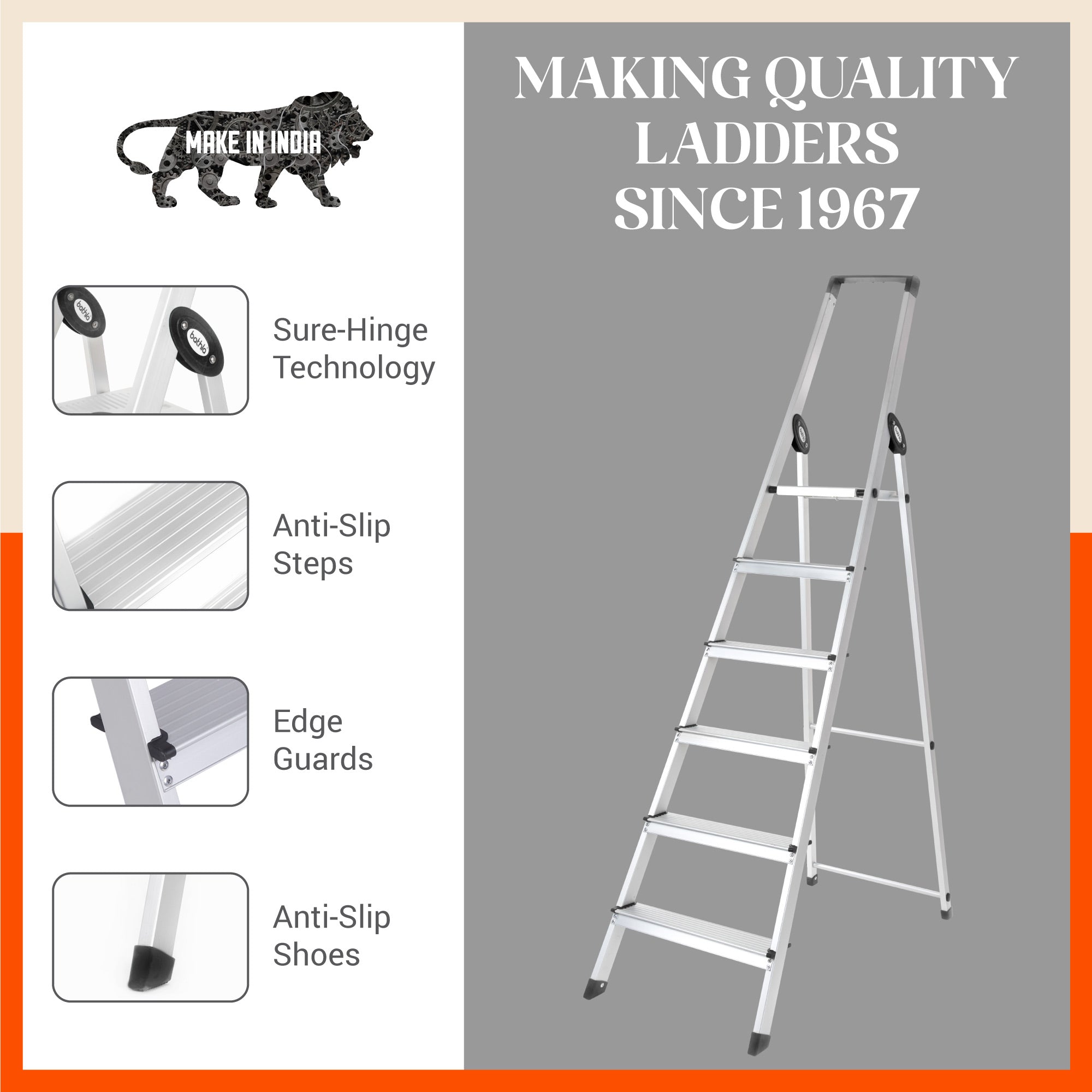 Bathla Prime 6 - Step Aluminium Ladder for Home with Multi Utility Support Handle - Black