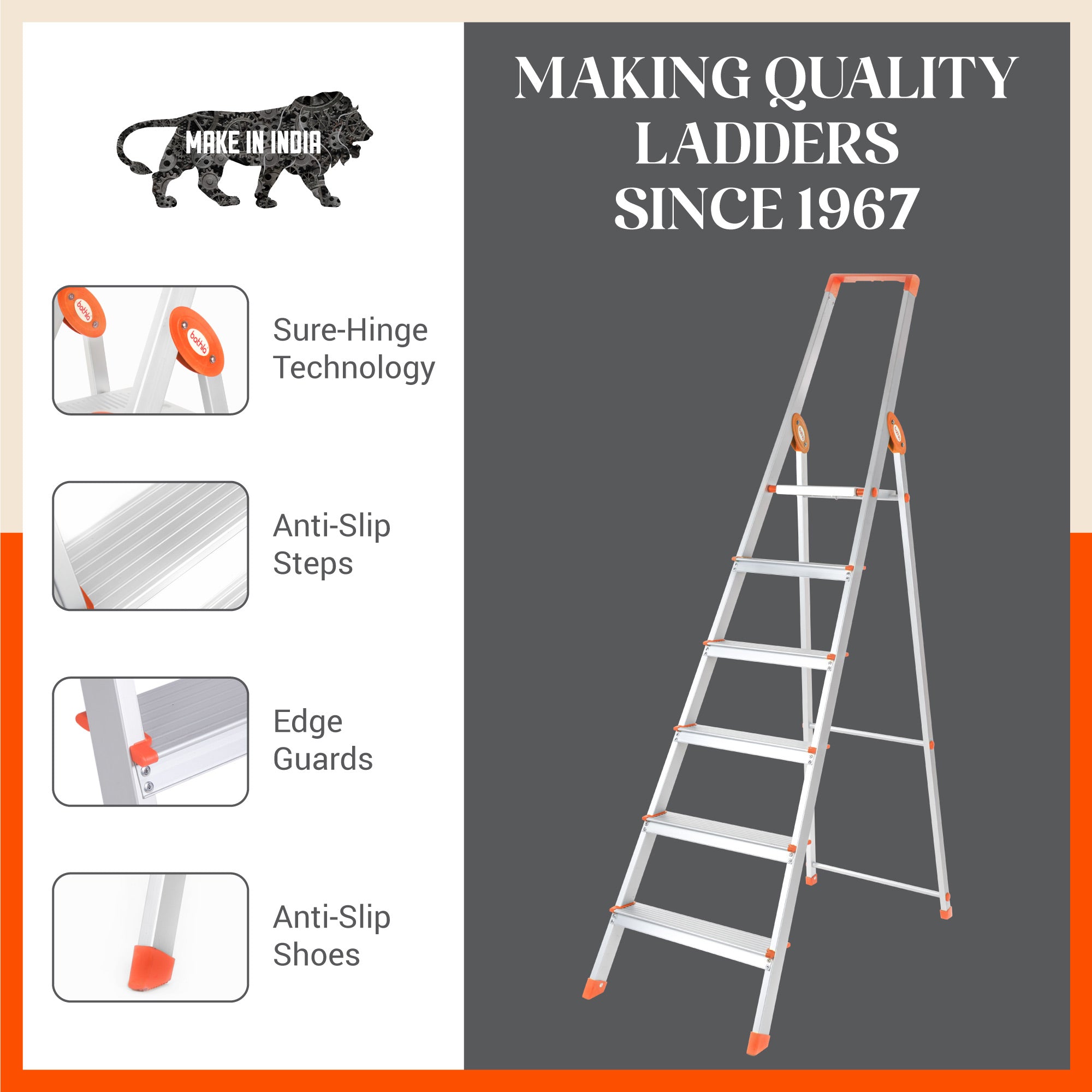 Bathla Prime 6-Step Foldable Aluminium Ladder for Home with Multi-Utility Support Handle (Orange)
