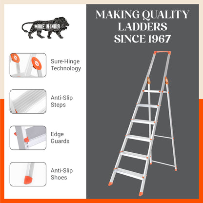 Bathla Prime 6-Step Foldable Aluminium Ladder for Home with Multi-Utility Support Handle (Orange)
