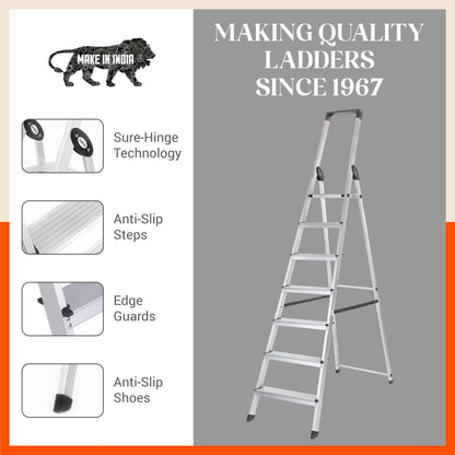 Bathla Prime 7-Step Foldable Aluminium Ladder for Home with Multi-Utility Support Handle (Black)