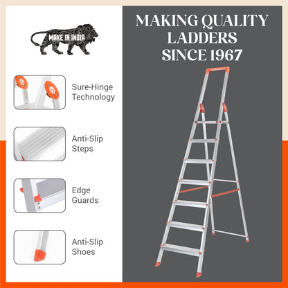 Bathla Prime 7-Step Foldable Aluminium Ladder for Home with Multi-Utility Support Handle (Orange)
