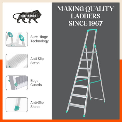 Bathla Prime 7-Step Foldable Aluminium Ladder for Home with Multi-Utility Support Handle (Teal)