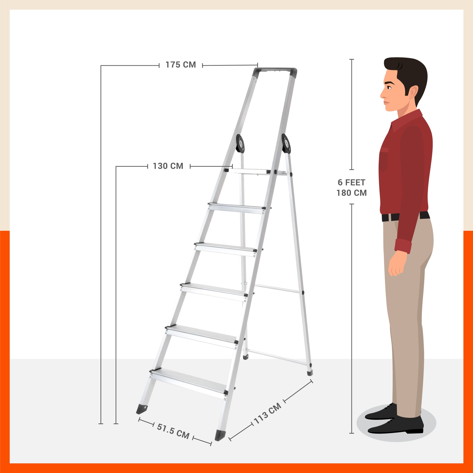 Bathla Prime 6 - Step Aluminium Ladder for Home with Multi Utility Support Handle - Black