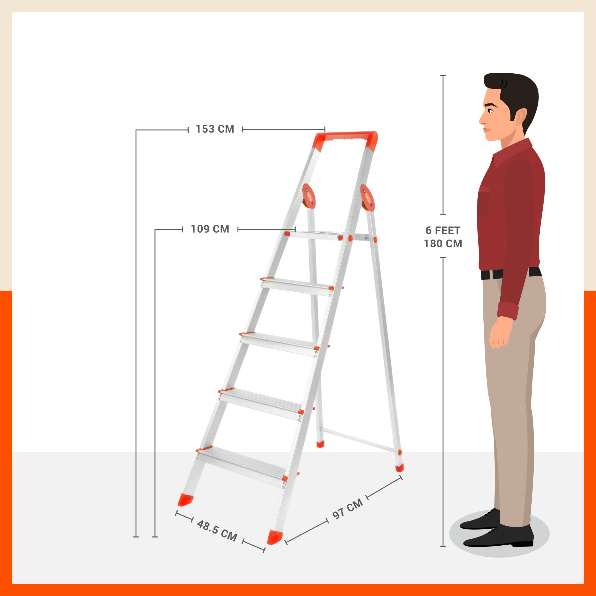 Bathla Prime 5-Step Foldable Aluminium Ladder for Home with Multi-Utility Support Handle (Orange)