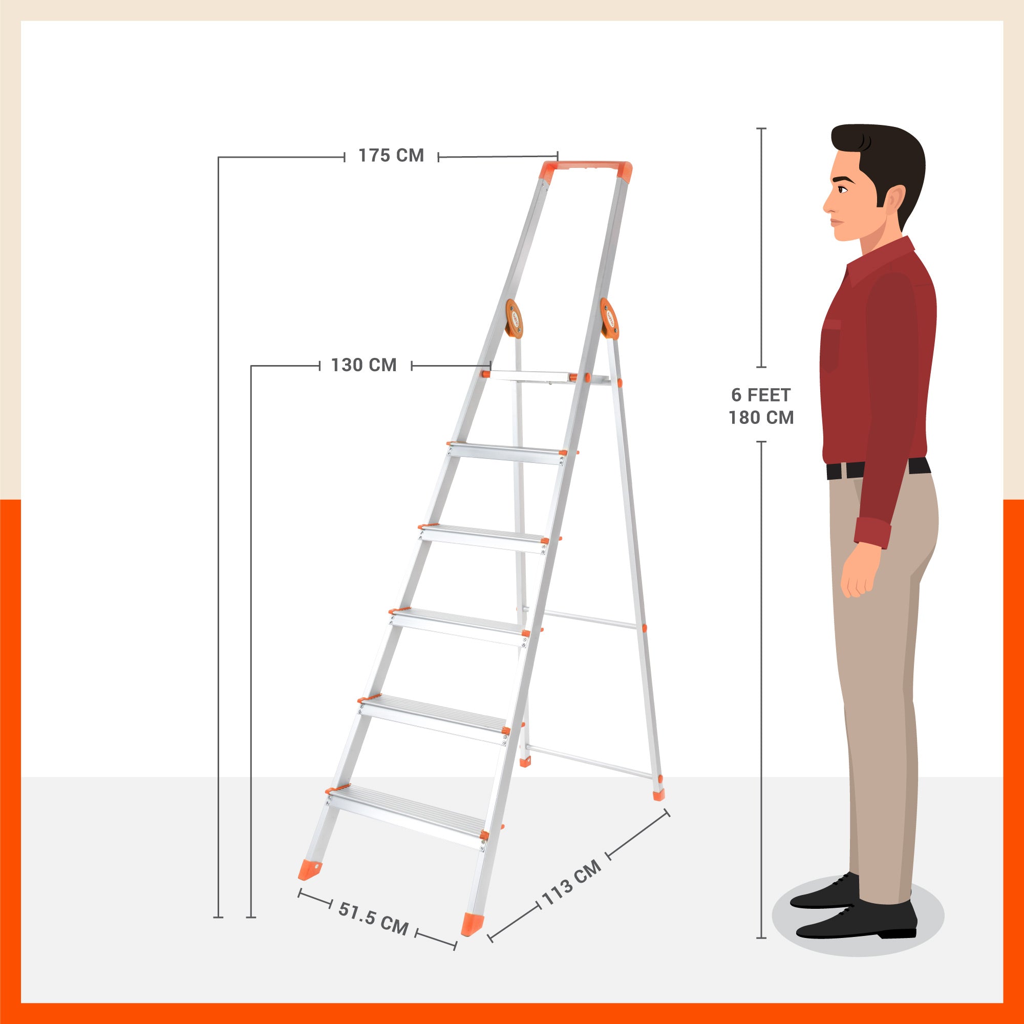 Bathla Prime 6-Step Foldable Aluminium Ladder for Home with Multi-Utility Support Handle (Orange)