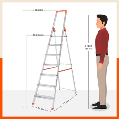 Bathla Prime 7-Step Foldable Aluminium Ladder for Home with Multi-Utility Support Handle (Orange)