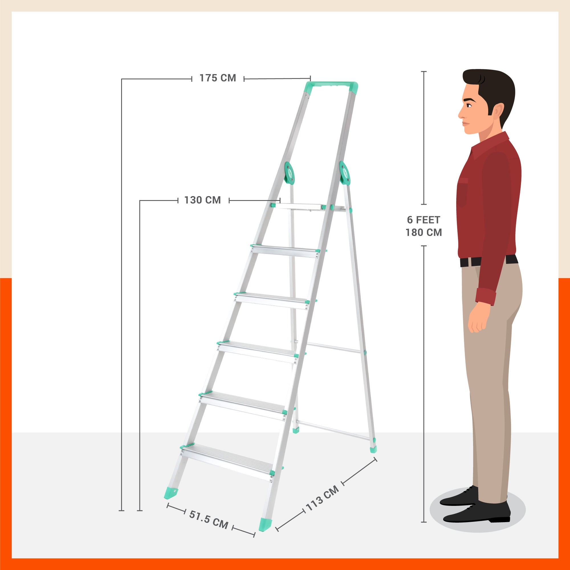 Bathla Prime 6 - Step Foldable Aluminium Ladder for Home with Multi-Utility Support Handle | 5 - Year Manufacturer Warranty | Teal