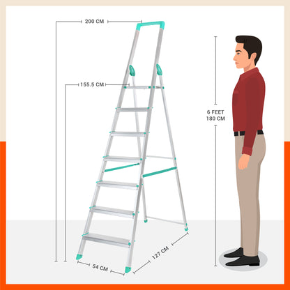 Bathla Prime 7-Step Foldable Aluminium Ladder for Home with Multi-Utility Support Handle (Teal)