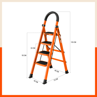 Bathla Rhino 4-Step Steel Ladder, Heavy Duty Foldable Step Ladder with Anti-Skid Wide Steps, Safety Handrail | 150 kg Load Capacity | Home, Kitchen & Office Use | Orange | 2-Year Warranty