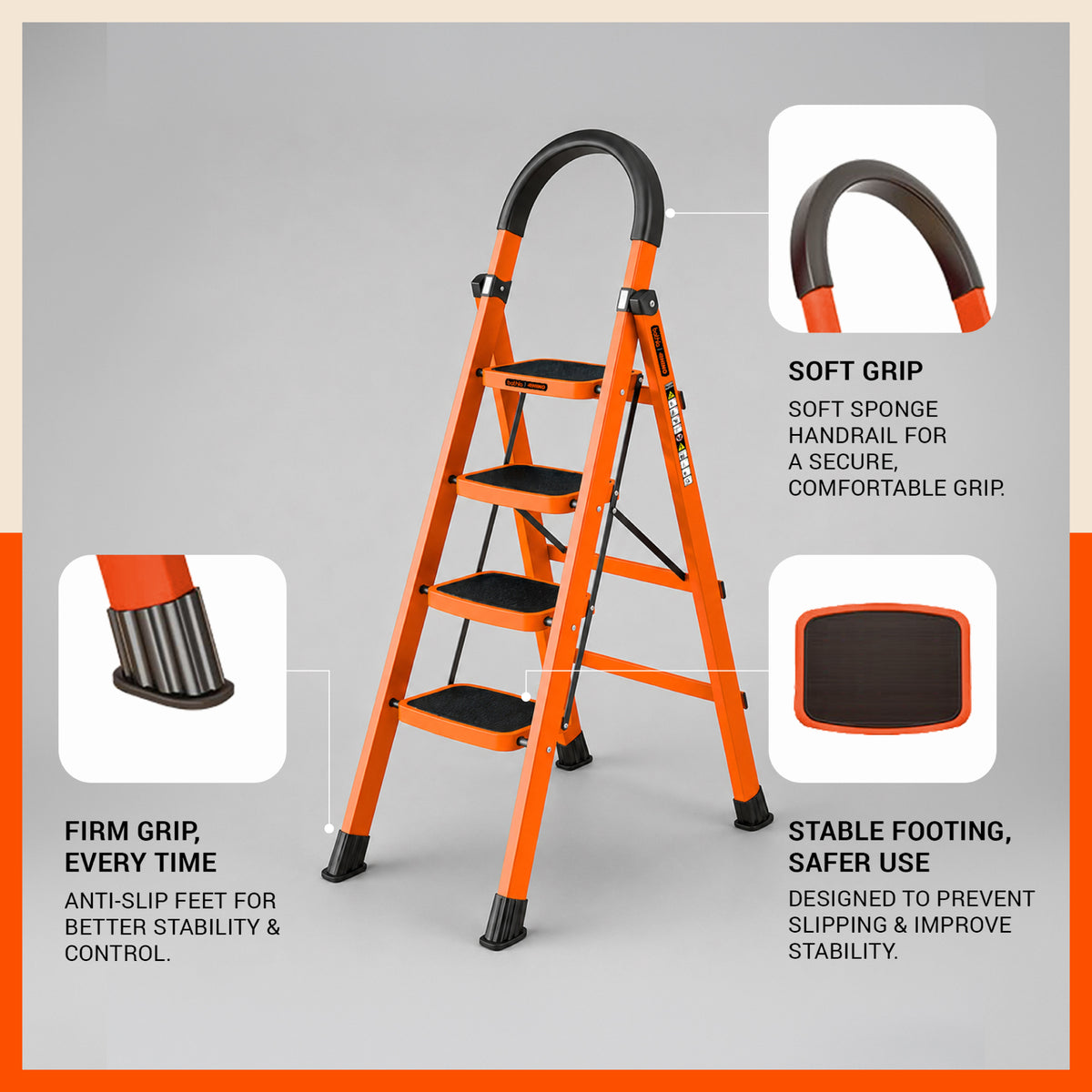 Bathla Rhino 4-Step Steel Ladder, Heavy Duty Foldable Step Ladder with Anti-Skid Wide Steps, Safety Handrail | 150 kg Load Capacity | Home, Kitchen & Office Use | Orange | 2-Year Warranty