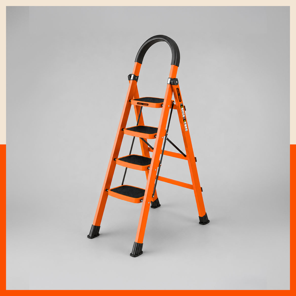 Bathla Rhino 4-Step Steel Ladder, Heavy Duty Foldable Step Ladder with Anti-Skid Wide Steps, Safety Handrail | 150 kg Load Capacity | Home, Kitchen & Office Use | Orange | 2-Year Warranty