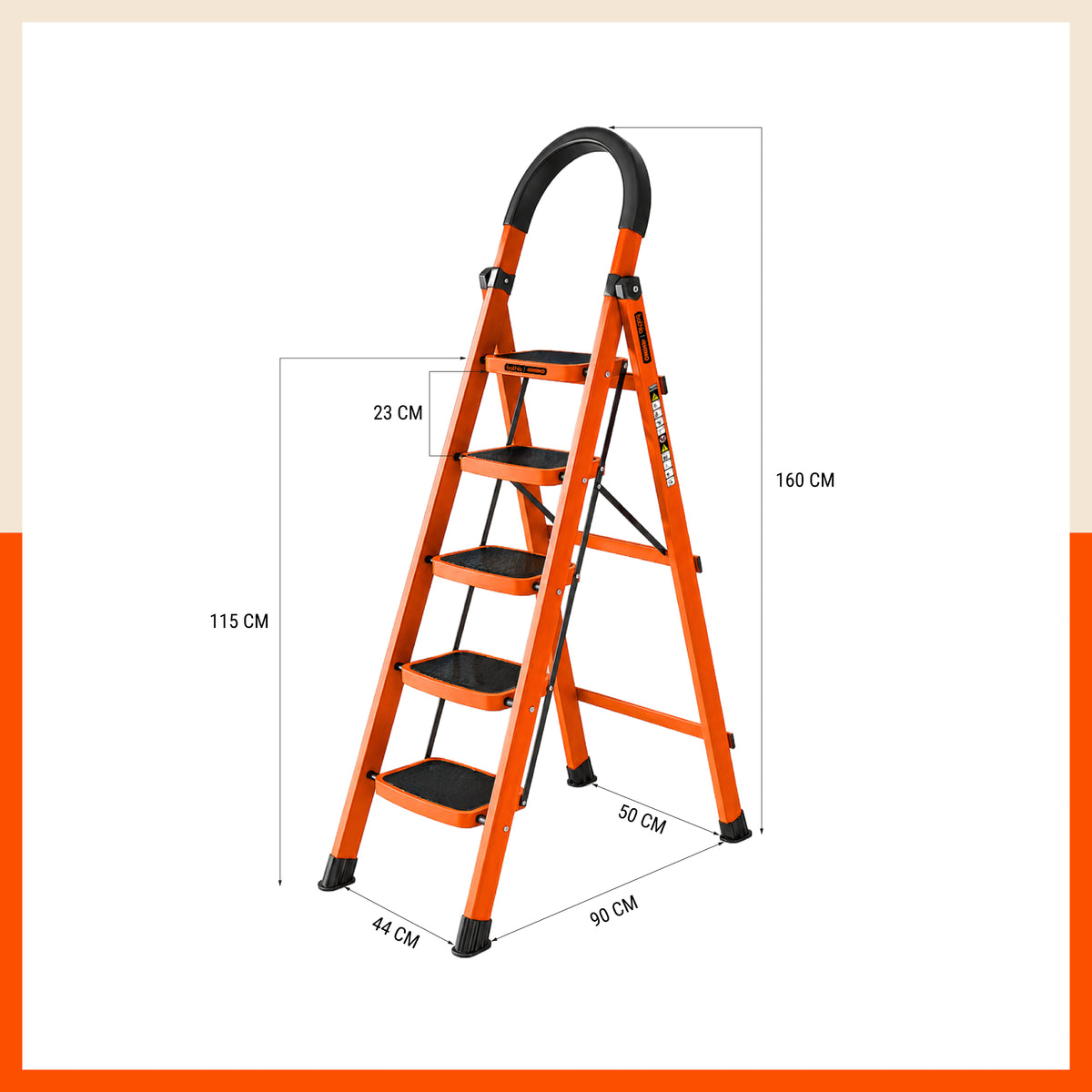 Bathla Rhino 5-Step Steel Ladder, Heavy Duty Foldable Step Ladder with Anti-Skid Wide Steps, Safety Handrail | 150 kg Load Capacity | Home, Kitchen & Office Use | Orange | 2-Year Warranty