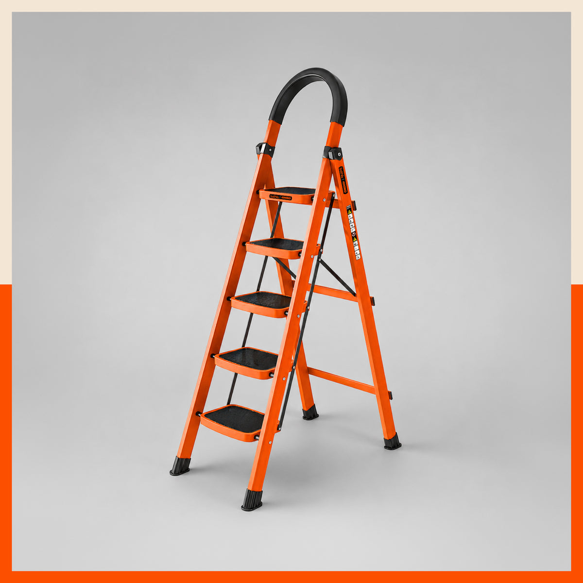 Bathla Rhino 5-Step Steel Ladder, Heavy Duty Foldable Step Ladder with Anti-Skid Wide Steps, Safety Handrail | 150 kg Load Capacity | Home, Kitchen & Office Use | Orange | 2-Year Warranty