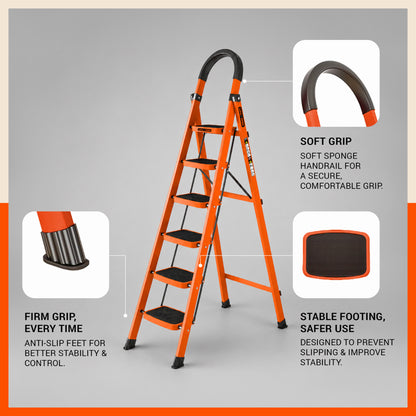 Bathla Rhino 6-Step Steel Ladder, Heavy Duty Foldable Step Ladder with Anti-Skid Wide Steps, Safety Handrail | 150 kg Load Capacity | Home, Kitchen & Office Use | Orange | 2-Year Warranty