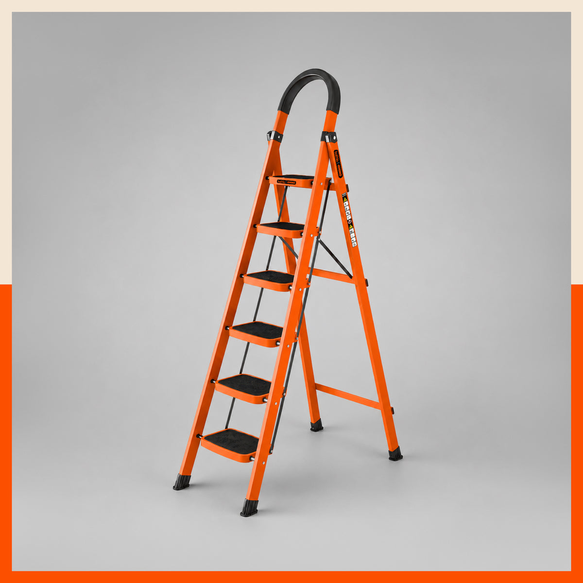 Bathla Rhino 6-Step Steel Ladder, Heavy Duty Foldable Step Ladder with Anti-Skid Wide Steps, Safety Handrail | 150 kg Load Capacity | Home, Kitchen & Office Use | Orange | 2-Year Warranty