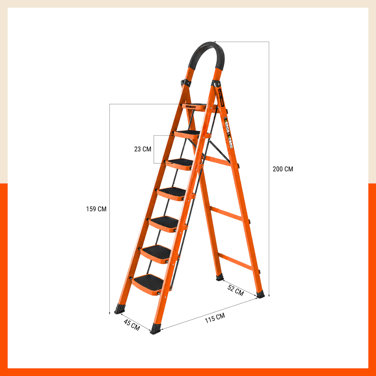 Bathla Rhino 7-Step Steel Ladder, Heavy Duty Foldable Step Ladder with Anti-Skid Wide Steps, Safety Handrail | 150 kg Load Capacity | Home, Kitchen & Office Use | Orange | 2-Year Warranty