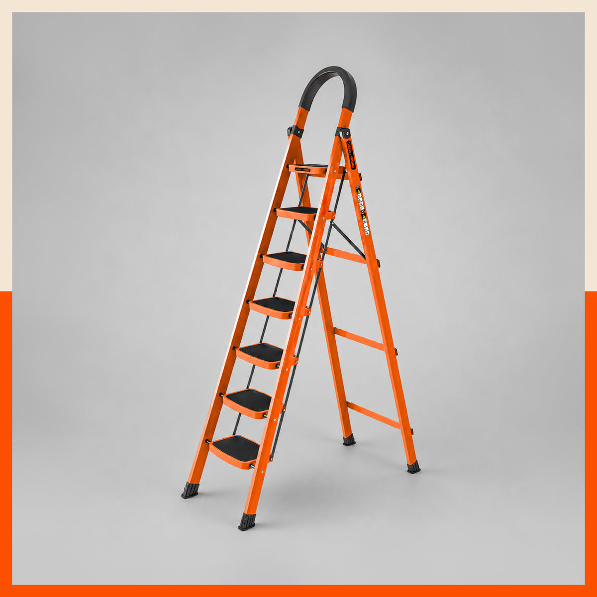 Bathla Rhino 7-Step Steel Ladder, Heavy Duty Foldable Step Ladder with Anti-Skid Wide Steps, Safety Handrail | 150 kg Load Capacity | Home, Kitchen & Office Use | Orange | 2-Year Warranty