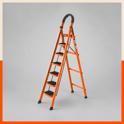 Bathla Rhino 7-Step Steel Ladder, Heavy Duty Foldable Step Ladder with Anti-Skid Wide Steps, Safety Handrail | 150 kg Load Capacity | Home, Kitchen & Office Use | Orange | 2-Year Warranty