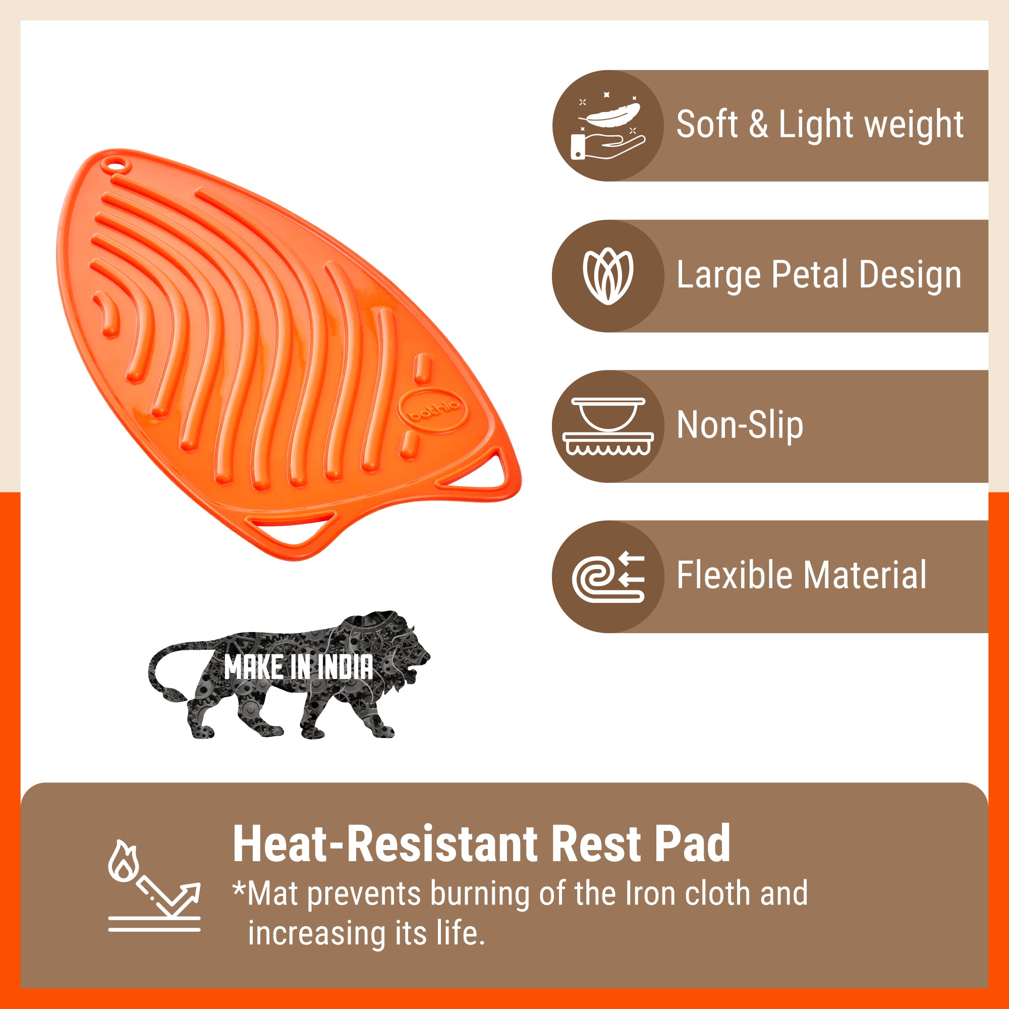 Bathla X-Pres SafeRest Silicone Iron Mat for Hot Iron Rest | Heat-Resistant, Anti-Slip | Washable | Protects Ironing Board from Heat Damage & Keeps Iron Secure - Orange