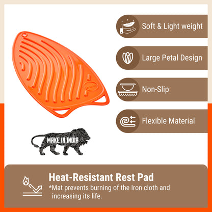 Bathla X-Pres SafeRest Silicone Iron Mat for Hot Iron Rest | Heat-Resistant, Anti-Slip | Washable | Protects Ironing Board from Heat Damage & Keeps Iron Secure - Orange