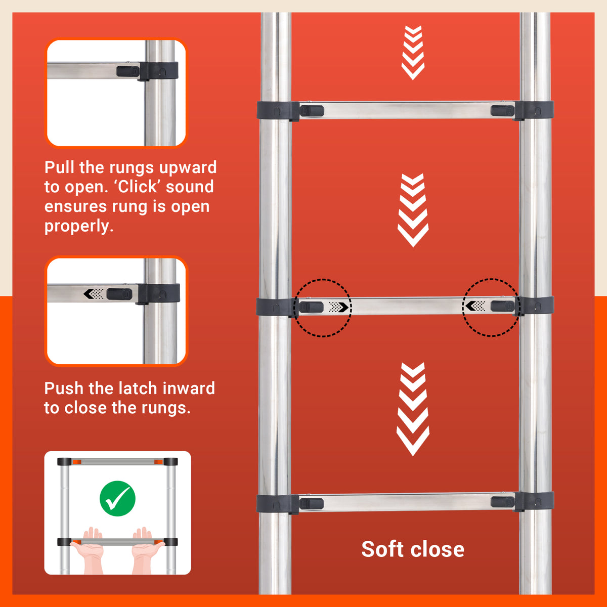 Bathla 14.5ft Stainless Steel Telescopic Ladder | Portable & Compact | Foldable Multipurpose Ladder for Home & Outdoor use(14 Steps - 4.4m)