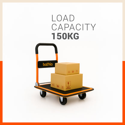 Bathla 150 Kg Capacity Steel Foldable Platform Trolley for Heavy Weight/Material Handling Goods Trolley with 360* Rotating TPR Wheels for Home, Office, Warehouse & Industries (4 Wheel/Black)