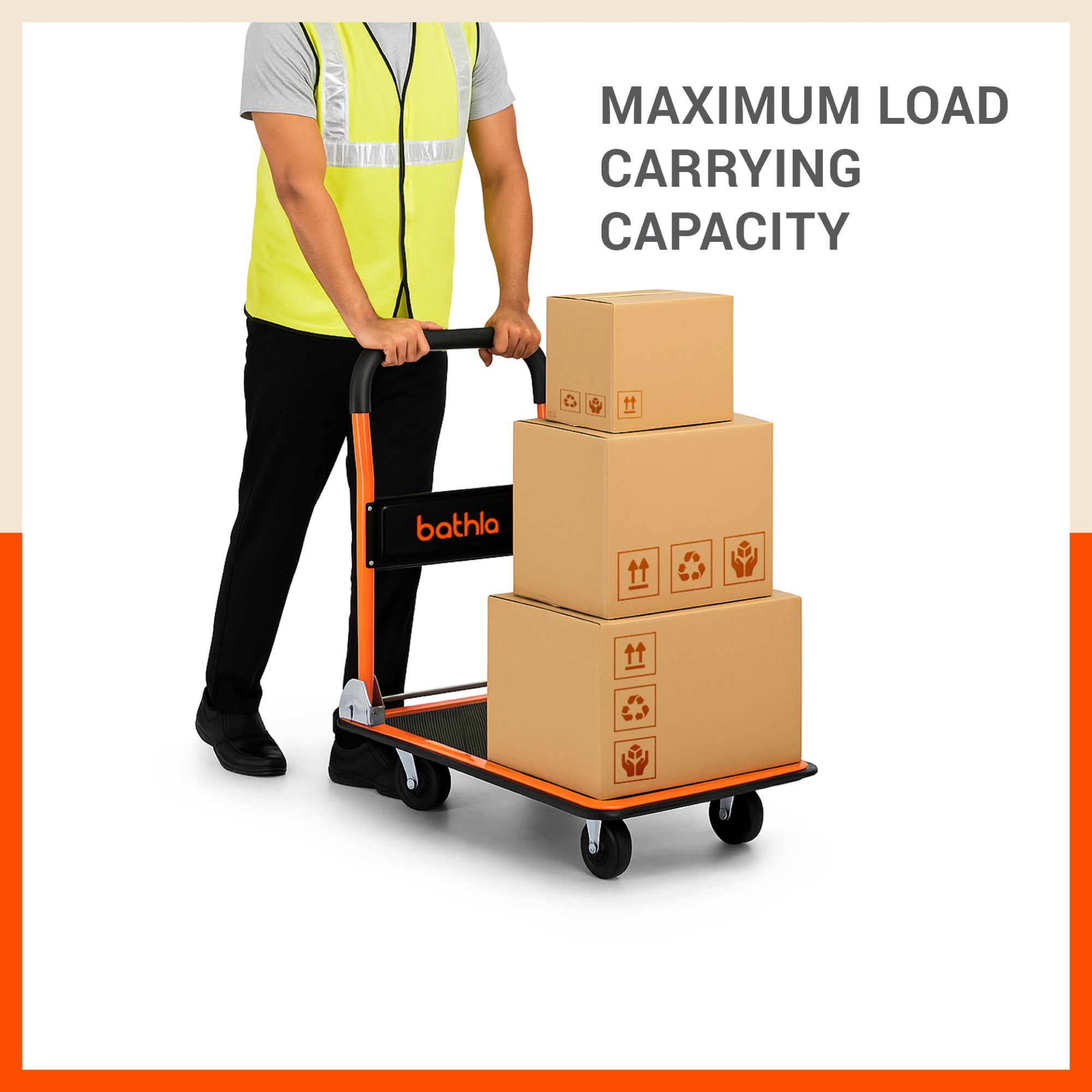 Bathla 150 Kg Capacity Steel Foldable Platform Trolley for Heavy Weight/Material Handling Goods Trolley with 360* Rotating TPR Wheels for Home, Office, Warehouse & Industries (4 Wheel/Black)