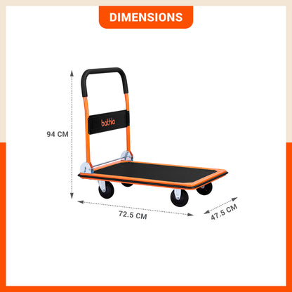 Bathla 150 Kg Capacity Steel Foldable Platform Trolley for Heavy Weight/Material Handling Goods Trolley with 360* Rotating TPR Wheels for Home, Office, Warehouse & Industries (4 Wheel/Black)